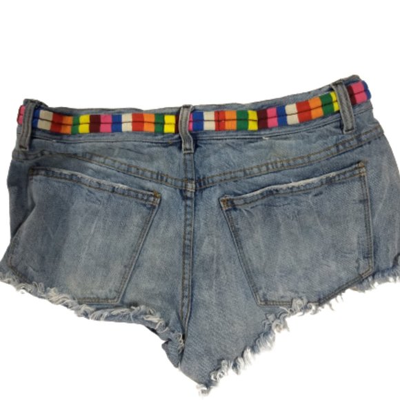 Free People Blue Jean Shorts Multicolor waistband Women's Size 25 - Picture 4 of 5